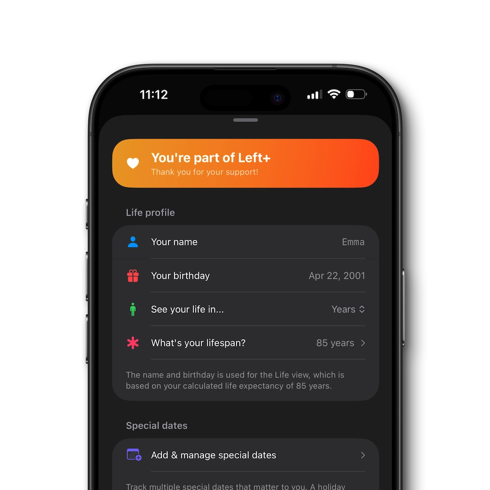 Life in weeks widget showing lifetime as dots with memento mori view